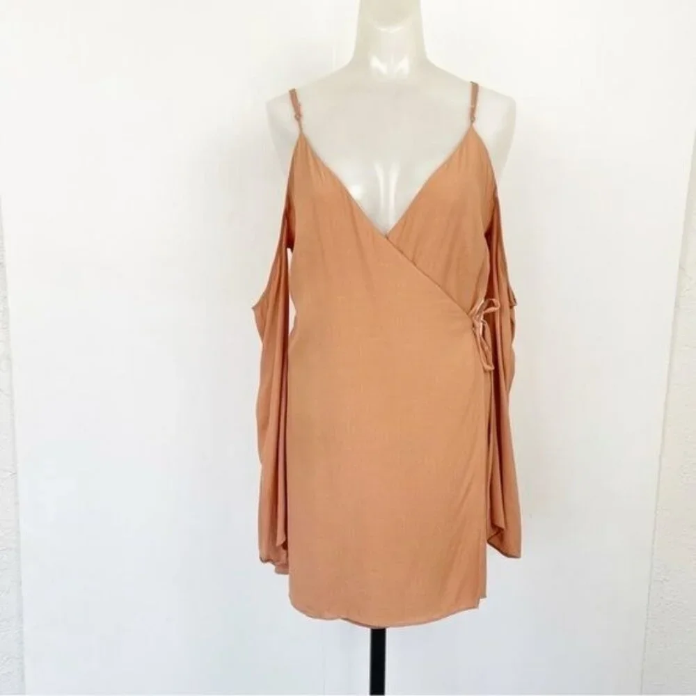Lovers + Friends Love Letter Wrap Dress Tan small cold shoulder